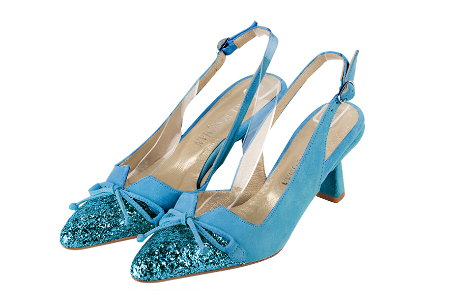 Turquoise blue women's open back shoes, with a knot. Tapered toe. Medium spool heels. Front view - Florence KOOIJMAN